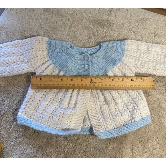 Handmade Baby Cardigan With Blue & White Knit Button Closure Long Sleeves 3 Mth - Picture 5 of 6